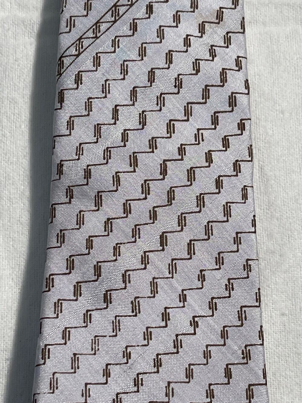 Men's Light Gray Silk Tie with Brown Geometric Pattern khanitha Thai